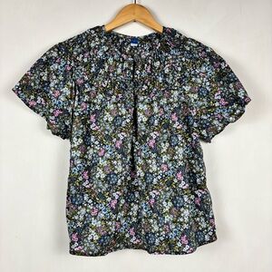 Old Navy Blue Multicolor Floral Cottagecore Blouse L Boxy Cotton Prairie Boho